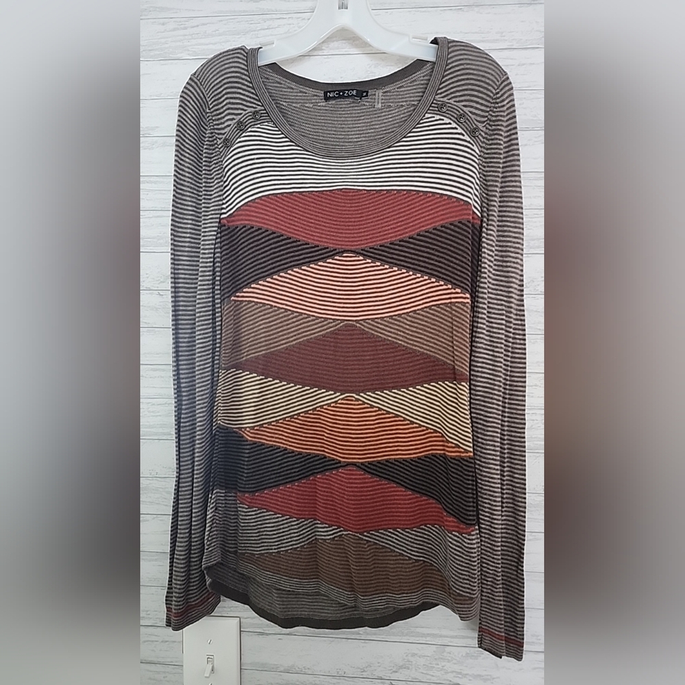 Nic + Zoe Fall Colors geometric print sweater ladies M  MSRP$119 Brown Orange